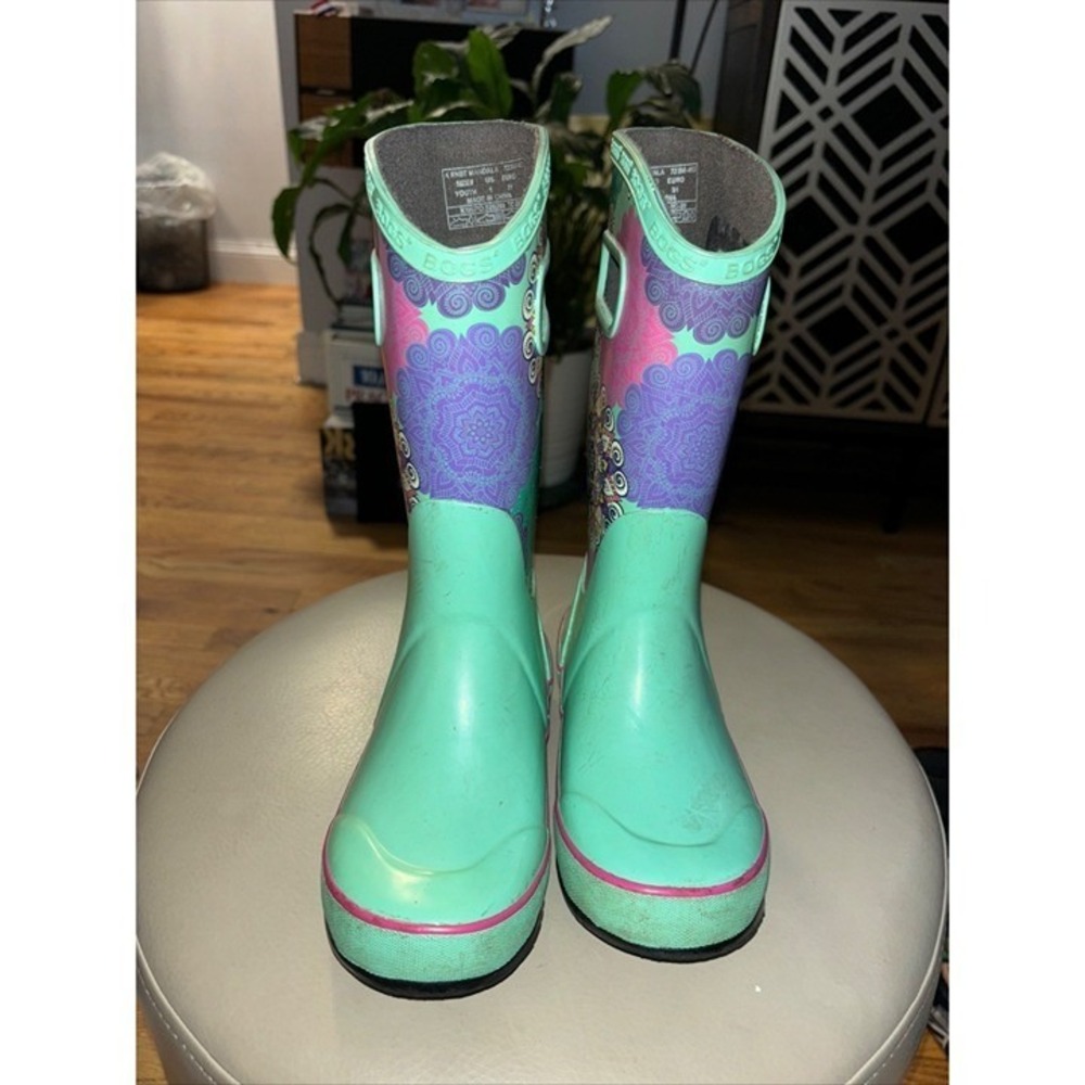 Bogs Rain Boots Youth 1 Mint Green‎ Mandala Waterproof Pull On Rubber Good